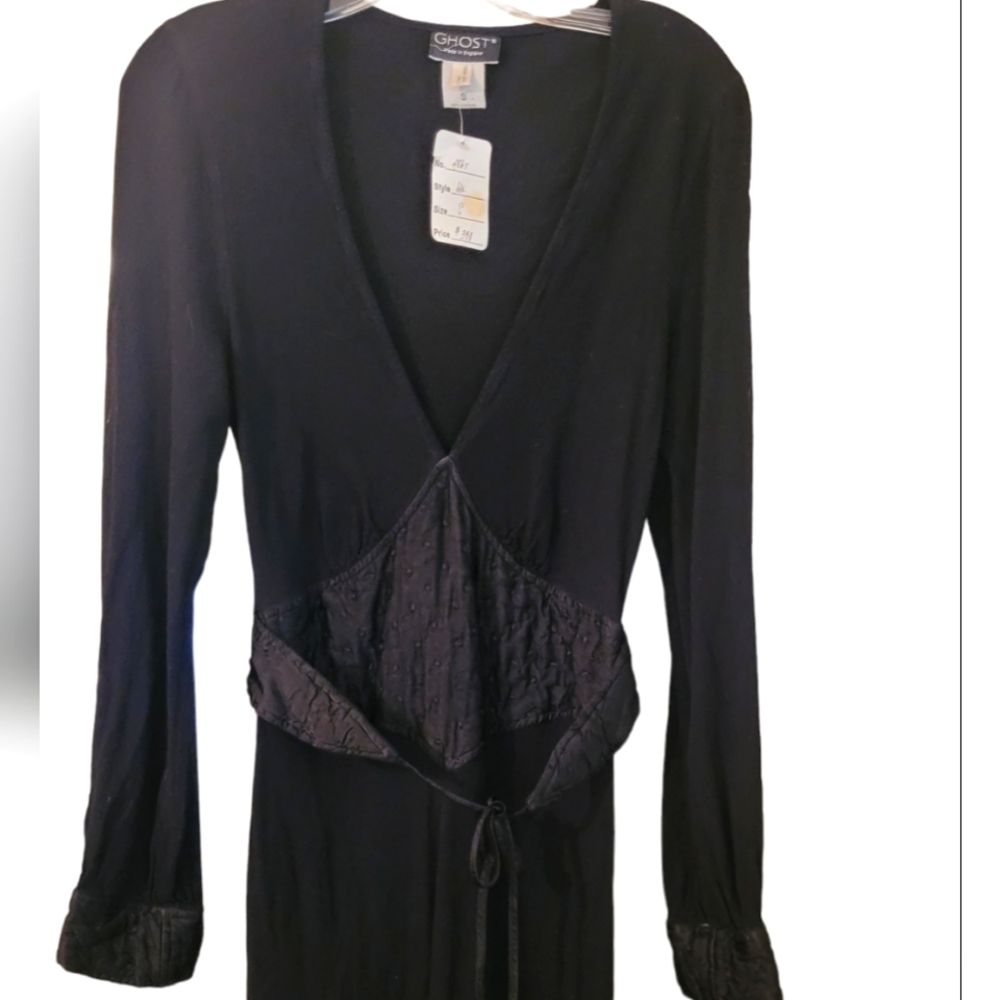 GHOST London black v neck belted Viscose dress